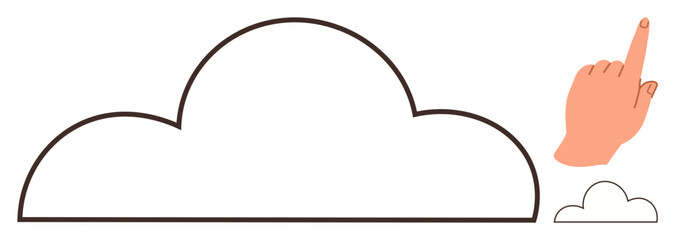 Hand pointing to a large outlined cloud with a smaller cloud, symbolizing storage, networking, innovation, data, technology, access progress. Ideal for IT web app and cloud service themes. Simple
