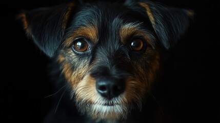 A dog looks intensely into the camera with dramatic lighting.
