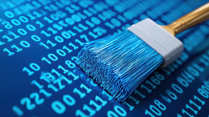 Paintbrush with blue bristles sweeps over binary code, symbolizing data cleaning