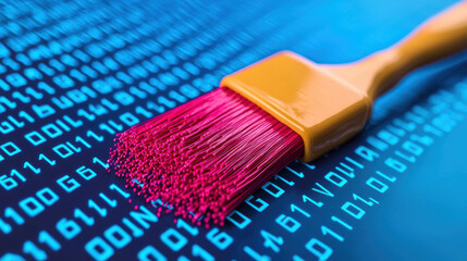 Paintbrush with pink bristles lies on digital binary code background, symbolizing creativity in technology