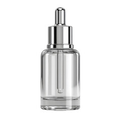 Clear glass dropper bottle with silver cap, isolated on white background showcasing beauty and skincare product for advertising and marketing purposes
