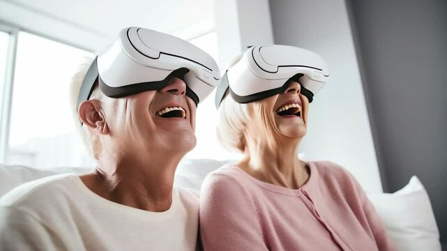 A laughing elderly couple living in virtual reality are thrilled in their home.