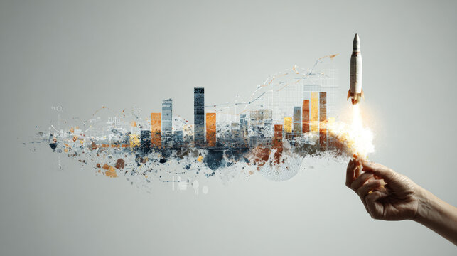 Visualizing financial growth, a modern collage shows a hand launching a rocket with charts symbolizing business success and rising profits