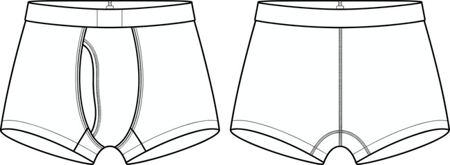 Men's Boxer Briefs Underwear Flat Sketch Template Design, Blank Technical Fashion Drawing, Comfortable Stretch Cotton Basics, Front and Back View, Apparel CAD.