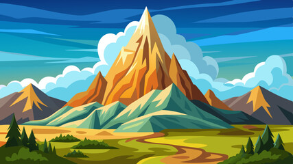 Vibrant cartoon illustration of a majestic golden mountain peak surrounded by rolling green hills and a winding path under a bright blue sky with fluffy clouds © skcpdesign