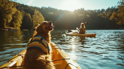 A happy dog wearing a life vest enjoys a kayaking adventure on a sunny lake.
