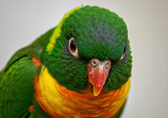 Fototapeta premium Close-up of a rainbow lorikeet with vibrant green, yellow, and orange plumage, and a red beak.