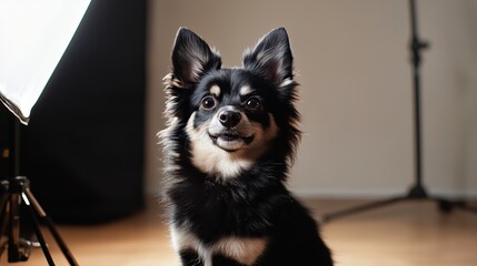 A cute dog poses confidently in a photo studio with professional lighting.