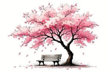 Bench is next to a tree with pink leaves