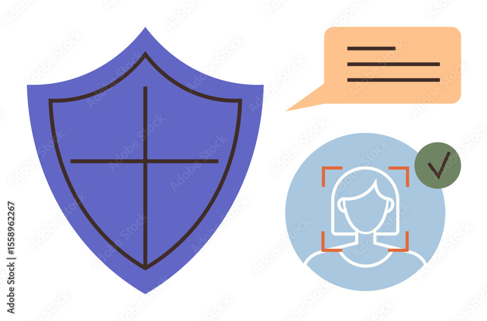 Aufkleber shield representing protection, speech bubble for communication, and facial recognition for identity