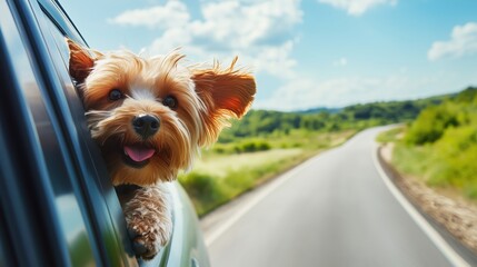A happy dog enjoys the breeze with its head out of a moving car window.