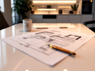 Drawing of a house is on a table with a pen and a cup of coffee