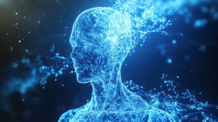 Digital Human Form Representing Technology and Innovation in Blue Light