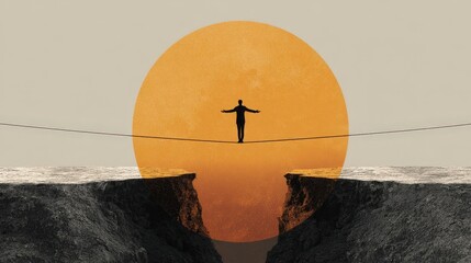 Balancing on a tightrope over an abyss at sunset showcases incredible skill and bravery in daring performance