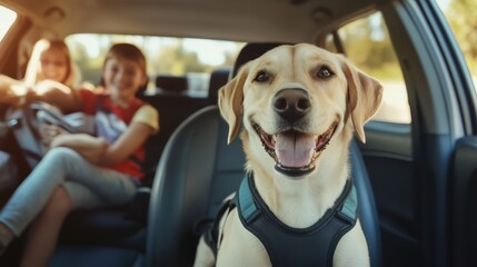 A happy dog wearing a harness sits in a car during a family road trip.