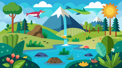 Naklejka premium Vibrant cartoon landscape with mountains waterfall river trees flowers birds fish and sun