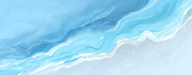 Fototapeta premium Top-down aerial view of abstract blue ocean waves crashing onto a soft white sandy beach, showcasing a serene and tranquil water texture, perfect for background or tranquil themes