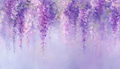 Cascading wisteria blossoms in soft purple hues, painted in a watercolor style, creating a dreamy, romantic atmosphere