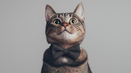 A stylish cat wears a black bowtie and poses for a fashion photoshoot.