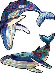Set of swimming whale for anti stress Coloring Page.