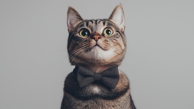 A stylish cat wears a black bowtie and poses for a fashion photoshoot. - Powered by Adobe