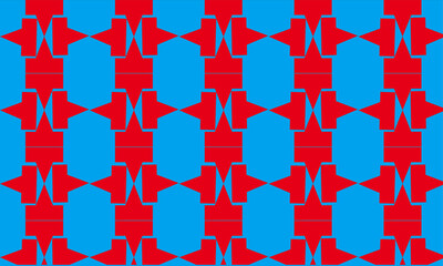 Symmetrical vector pattern with bold red abstract shapes and blue backdrop perfect for digital art wallpapers backgrounds and textile design work

