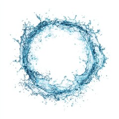 Circular water splash, translucent blue, forming a ring against a white background, with droplets radiating outwards