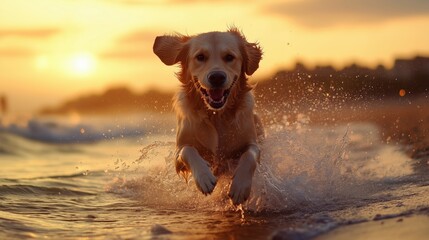 A joyful golden retriever runs through the waves on a beach at sunset.