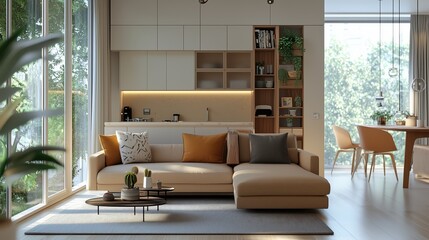 A bright minimalist condo living room with cozy sofa and organized kitchen.