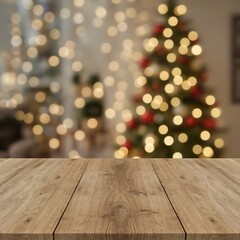    Rustic Wooden Table with Warm Natural Grain in Festive Christmas Background Featuring Bokeh Lights and Decorated Tree – Cozy Holiday Mockup Scene