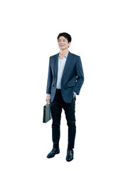 Full-length portrait of a smiling Asian professional with a briefcase, looking aside with a hopeful and confident expression. Isolated on PNG.
