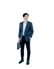 A confident young businessman holds a briefcase and looks away with a smile, symbolizing future...