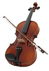 Fototapeta premium A hyper-realistic 8K photo of a lustrous dark brown wood classical violin with an ebony chin rest, a dark wood bow diagonally placed, on a seamless transparent background, expertly lit with no