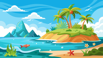 Obraz premium Vibrant tropical island paradise with palm trees clear blue ocean sandy beach and distant mountains under a cloudy sky