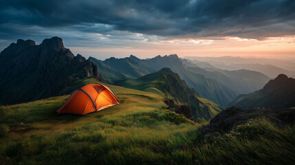 An orange tent stands solitary in a golden meadow at sunrise, with majestic, snow-capped mountains towering in the dramatic alpine background, perfect for adventurous travel and wilderness exploration