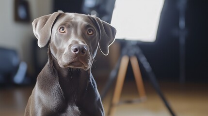 A chocolate Labrador sitting in a photography studio with a softbox light setup.