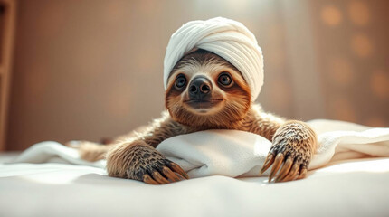 Cute sloth with a towel on his head is lying on the bed.
