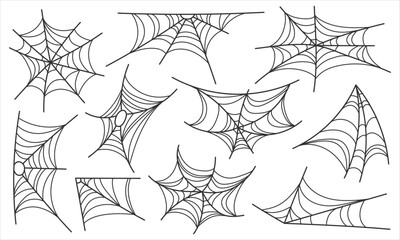 Set of hand drawn cobwebs. Silhouette of black cobweb isolated on white background. Halloween elements of various shapes. Vector illustration.