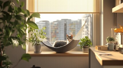 A cat relaxing in a hammock by a sunny window in a cozy apartment with potted plants.
