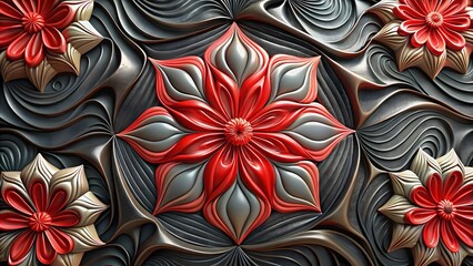 Closeup of a 3d rendered design with red and silver flowers on a dark gray background