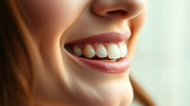 Closeup of beautiful female smile with healthy teeth. Dental care concept