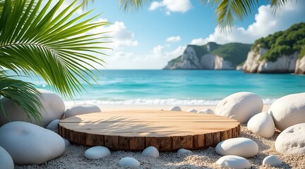Obraz premium A wooden round table sits on a sandy beach surrounded by white rocks, with a scenic ocean view and palm leaves