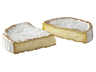 Creamy Brie Cheese Whole and Sliced Pieces on a White Background Ideal for Gourmet Cooking and Entertaining or Cheese Platter Decoration and Display