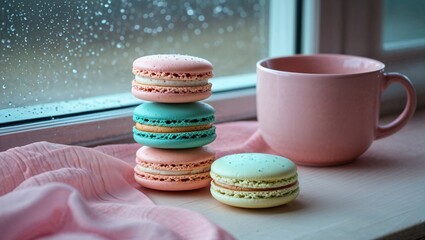 Pastel color stack of macaroons cookies placed on the soft fabric surface near the pink mug. Rainy day background