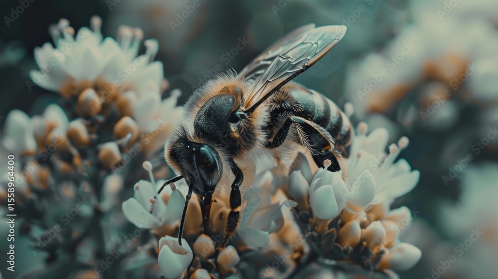 Poster a closeup of a bee pollinating a flower with its movements being tracked and recorded on a blockchai