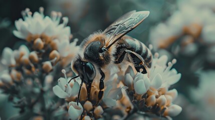A closeup of a bee pollinating a flower with its movements being tracked and recorded on a blockchain platform for biodiversity research.