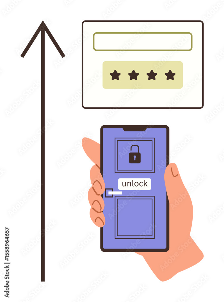 Poster hand holding smartphone with lock icon and unlock button, password input field above. ideal for cybe