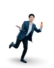 Asian businessman runs while holding a phone and making a welcoming gesture, ideal for fast and...