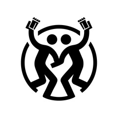 Minimalist black vector icon of two people dancing and holding beer mugs, symbolizing celebration, party fun, and Oktoberfest spirit.

