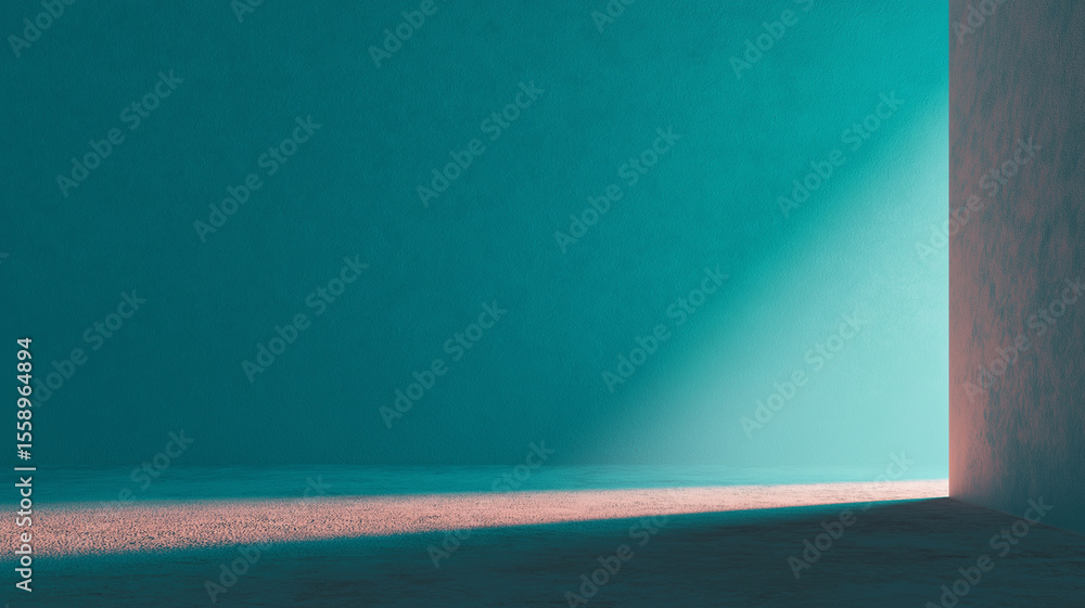Aufkleber Minimalist room with teal wall and floor is illuminated by beam of sunlight entering through unseen window, creating serene and contemplative atmosphere